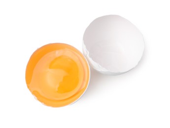Photo of One broken chicken egg isolated on white, top view