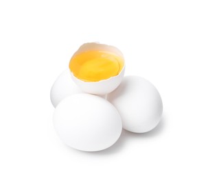 Photo of Whole and broken chicken eggs isolated on white