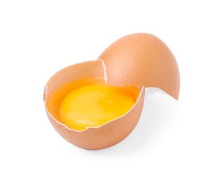 Photo of One broken chicken egg isolated on white