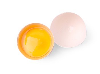 Photo of One broken chicken egg isolated on white, top view