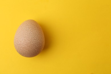 Photo of One raw chicken egg on yellow background, top view. Space for text
