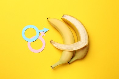 Photo of Sex education. Bananas, paper female and male gender symbols on yellow background, flat lay