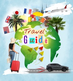 Image of Travel guide. Creative collage with woman, globe and different elements