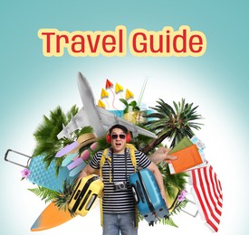 Image of Travel guide. Creative collage with man and different elements against turquoise gradient background