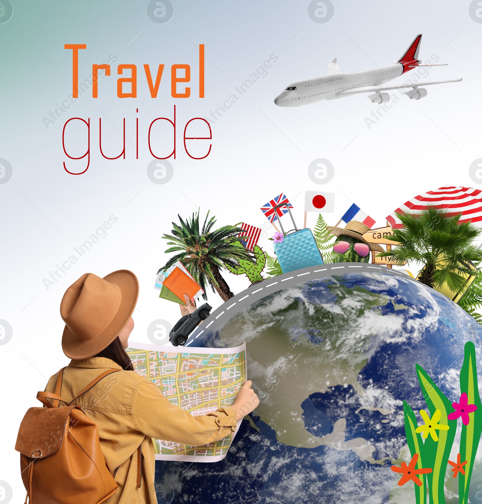 Image of Travel guide. Creative collage with woman, globe and different elements