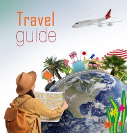 Image of Travel guide. Creative collage with woman, globe and different elements