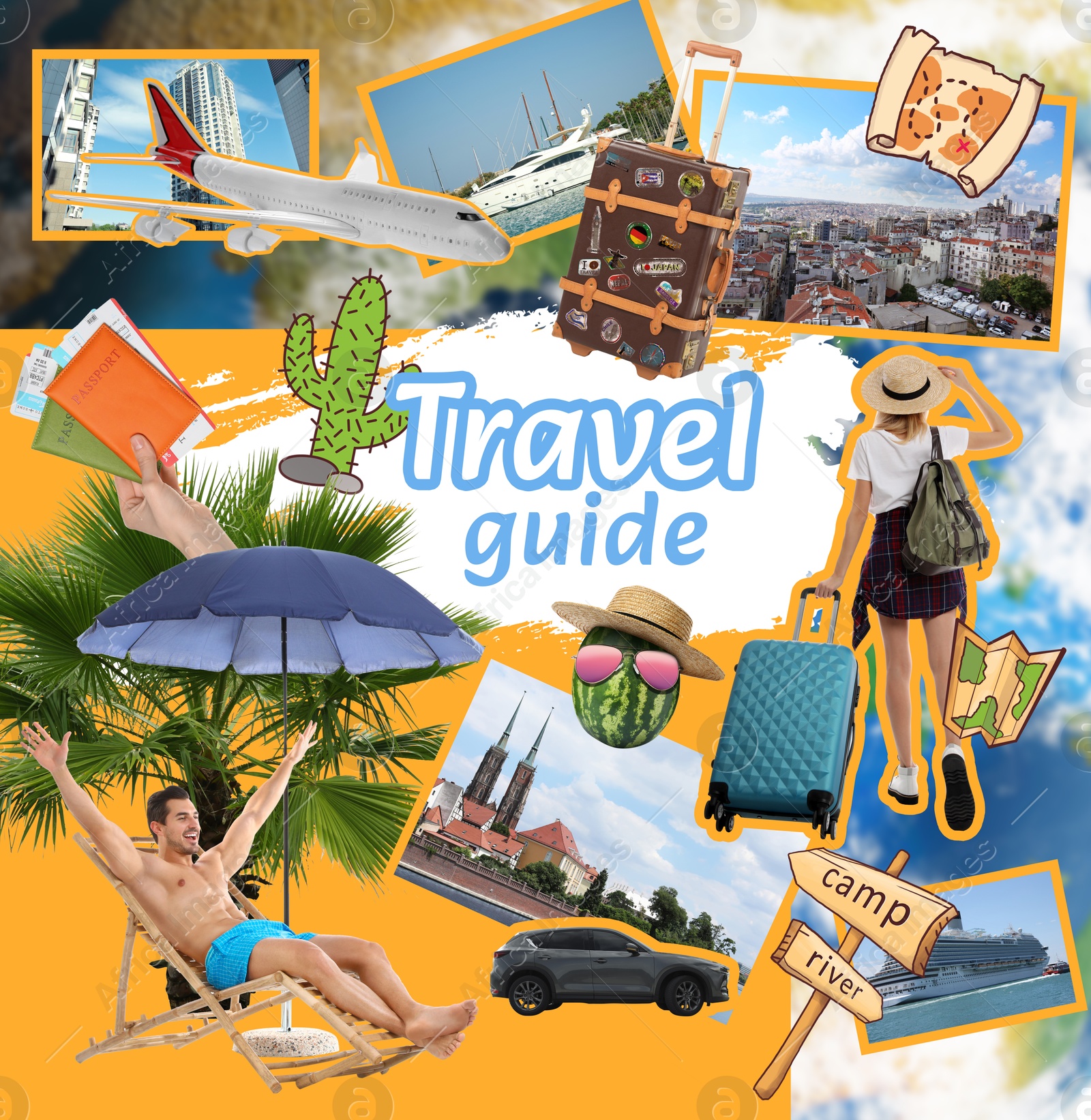 Image of Travel guide. Creative collage with woman, man and different elements