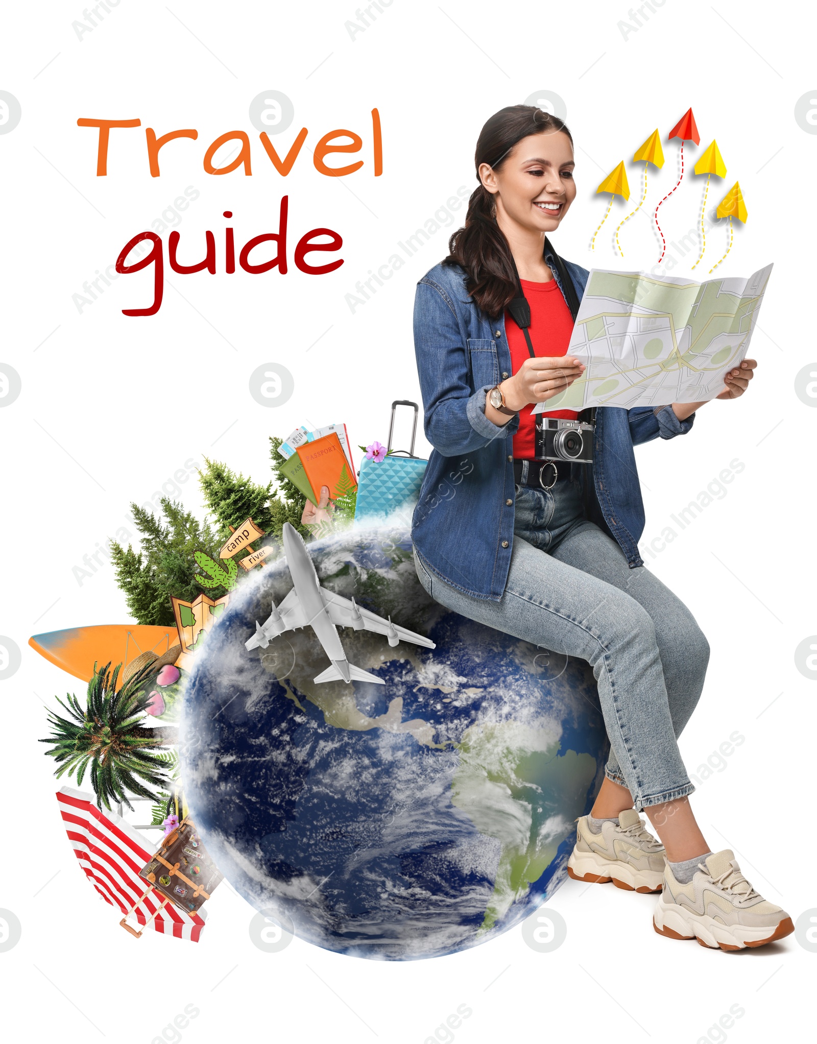 Image of Travel guide. Creative collage with woman sitting on globe and different elements against white background