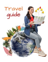 Image of Travel guide. Creative collage with woman sitting on globe and different elements against white background