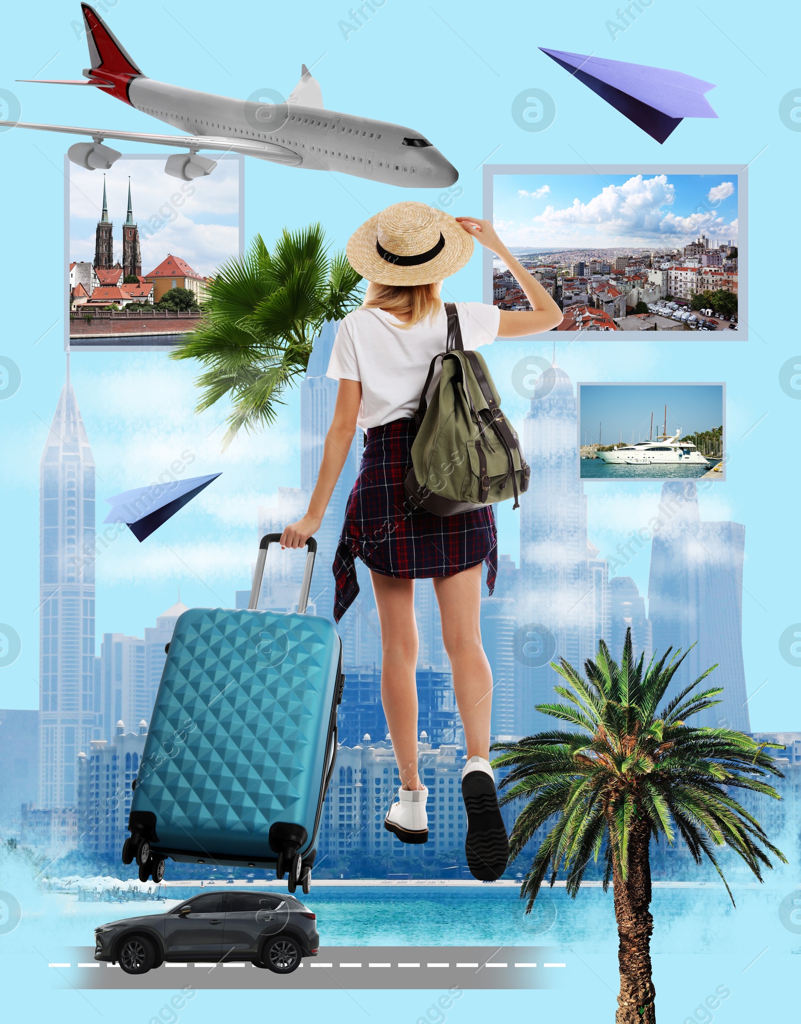 Image of Travel guide. Creative collage with woman, cityscape and different elements against light blue background