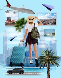Image of Travel guide. Creative collage with woman, cityscape and different elements against light blue background