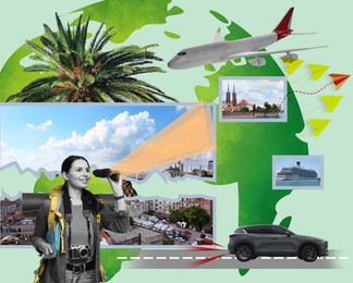 Image of Travel guide. Creative collage with woman, globe and different elements against aquamarine background