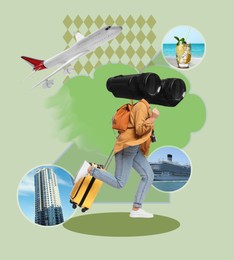 Image of Travel guide. Woman with binoculars instead of head and different elements against light green background, creative collage