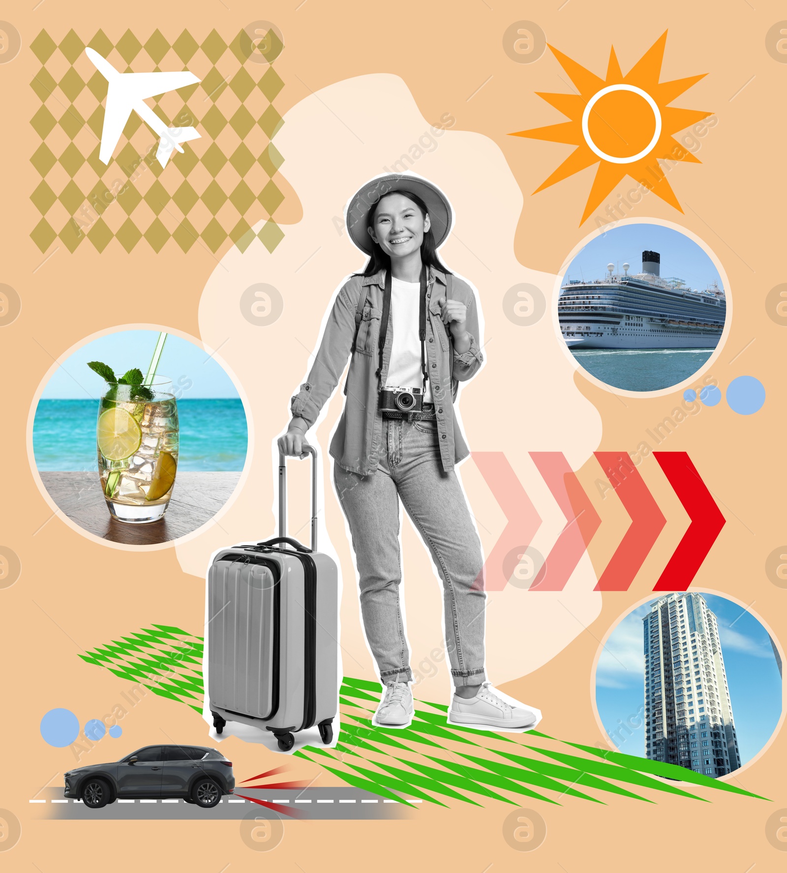 Image of Travel guide. Creative collage with woman and different elements against orange background
