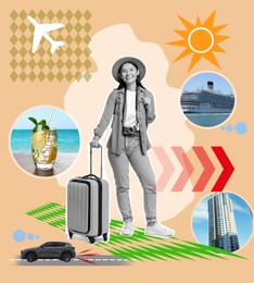 Image of Travel guide. Creative collage with woman and different elements against orange background