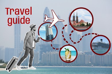 Image of Travel guide. Man walking towards circles with desired destinations against cityscape, creative collage