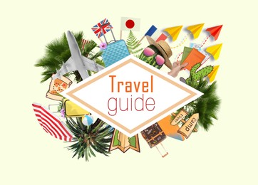 Image of Travel guide. Man walking towards circles with desired destinations against cityscape, creative collage