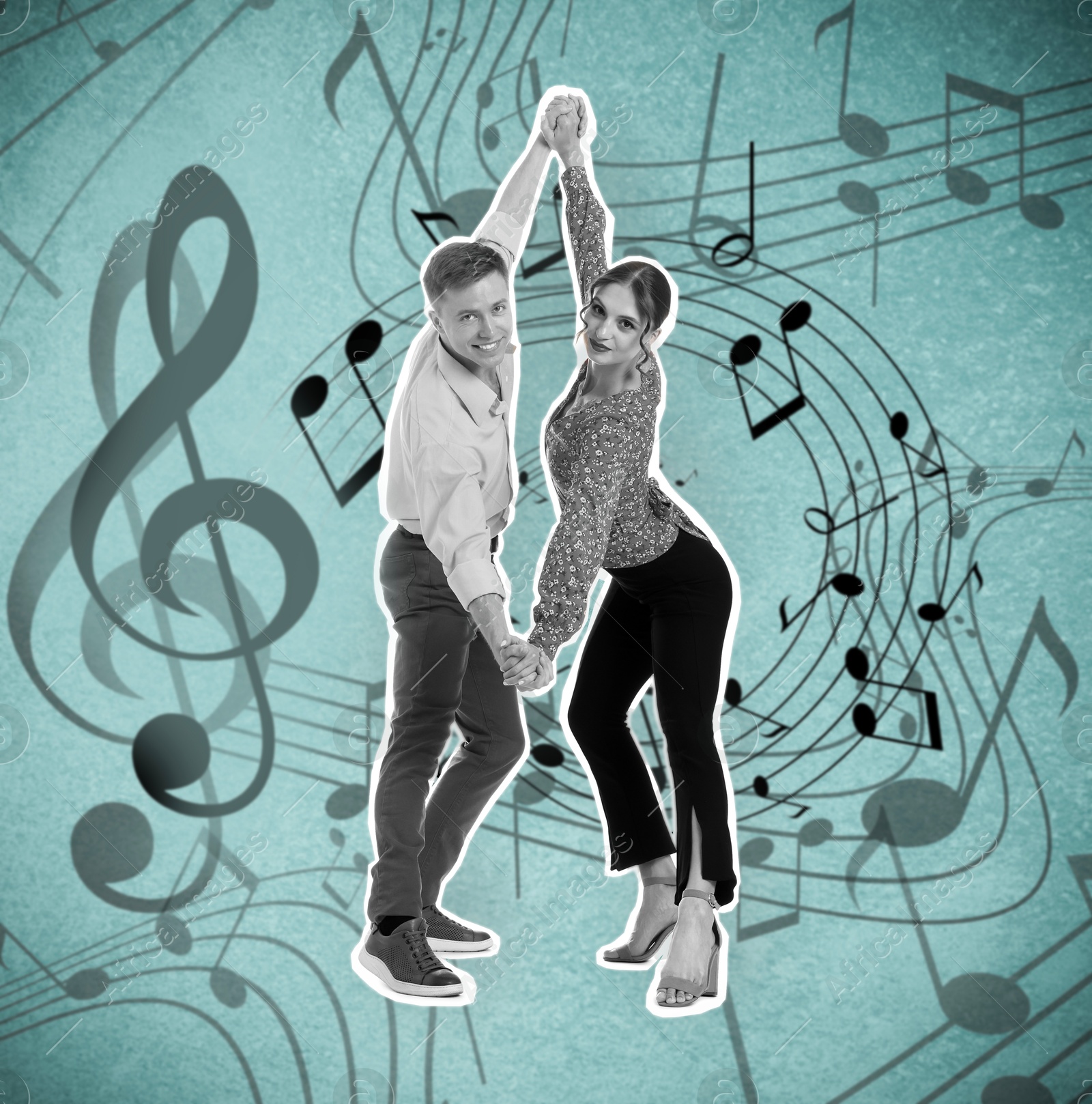 Image of Retro party poster. Couple dancing on turquoise background with music notes, creative collage