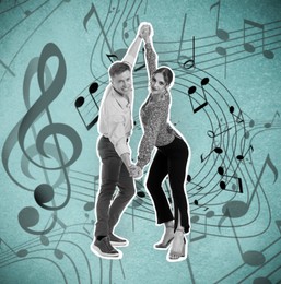 Image of Retro party poster. Couple dancing on turquoise background with music notes, creative collage