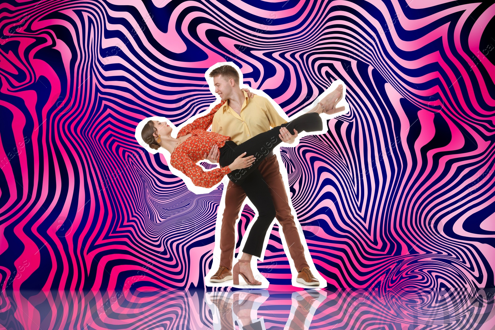 Retro party poster. Couple with outline dancing against bright background, creative collage Image of Retro party poster. Couple with outline dancing against bright background, creative collage