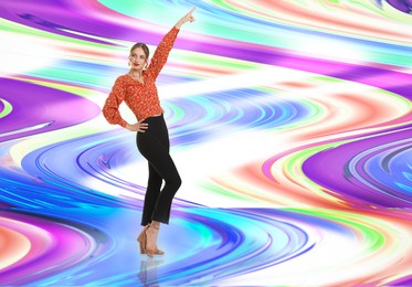 Image of Retro party poster. Beautiful woman dancing against bright background, creative collage