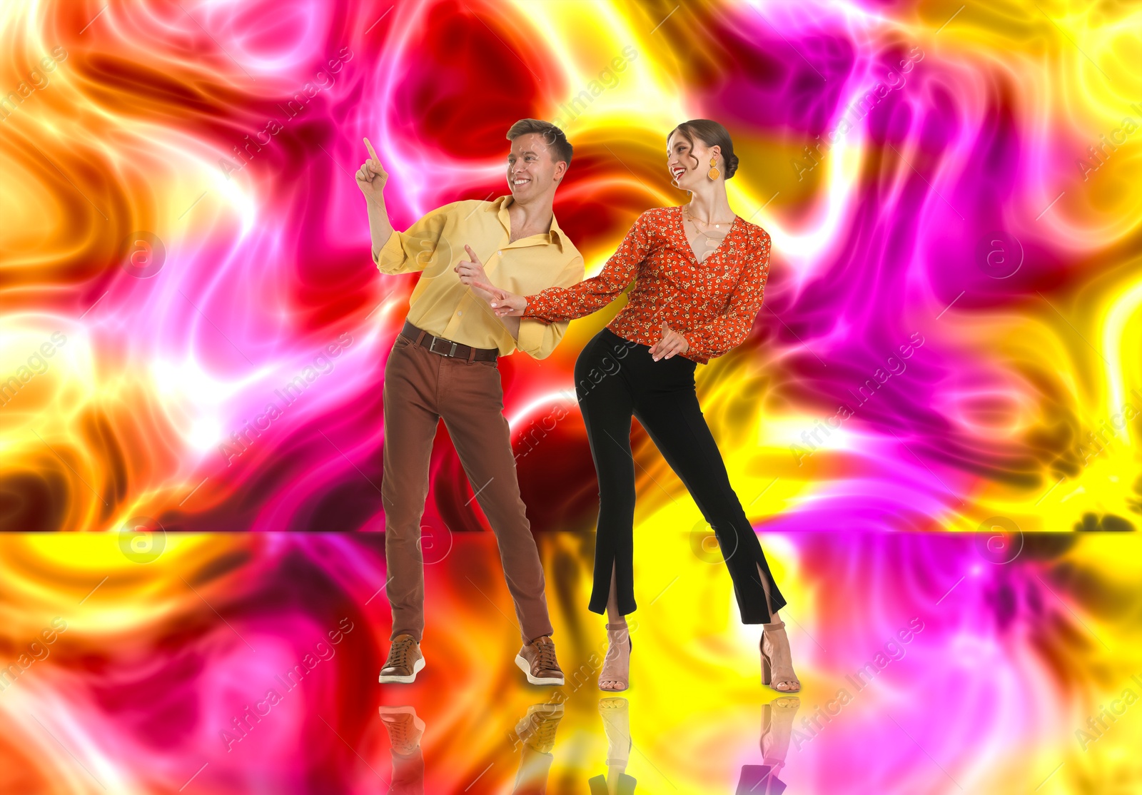 Image of Retro party poster. Couple dancing against bright background, creative collage
