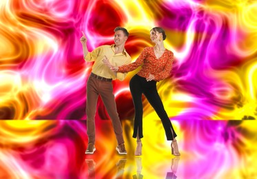 Image of Retro party poster. Couple dancing against bright background, creative collage