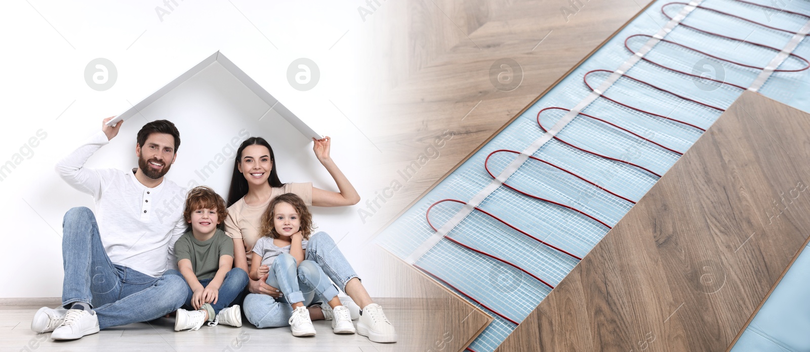 Image of Underfloor heating system and happy family at home, double exposure. Banner design