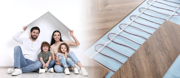 Image of Underfloor heating system and happy family at home, double exposure. Banner design