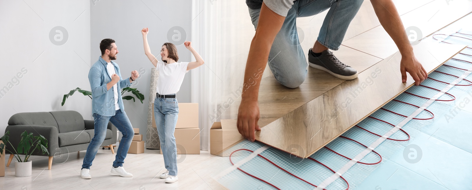 Worker installing underfloor heating system, closeup. Happy couple dancing at home Image of Worker installing underfloor heating system, closeup. Happy couple dancing at home