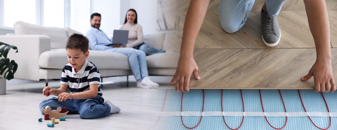 Image of Worker installing underfloor heating system, closeup. Little boy feeling comfortable to play on warm floor at home