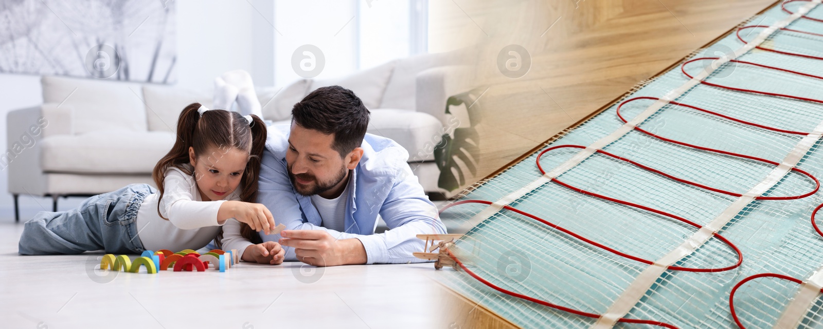 Underfloor heating system. Father and his daughter playing with toys on warm floor at home Image of Underfloor heating system. Father and his daughter playing with toys on warm floor at home