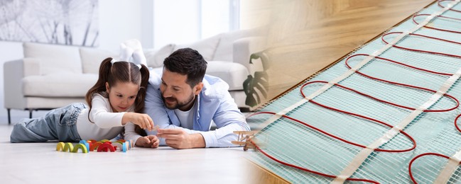 Image of Underfloor heating system. Father and his daughter playing with toys on warm floor at home