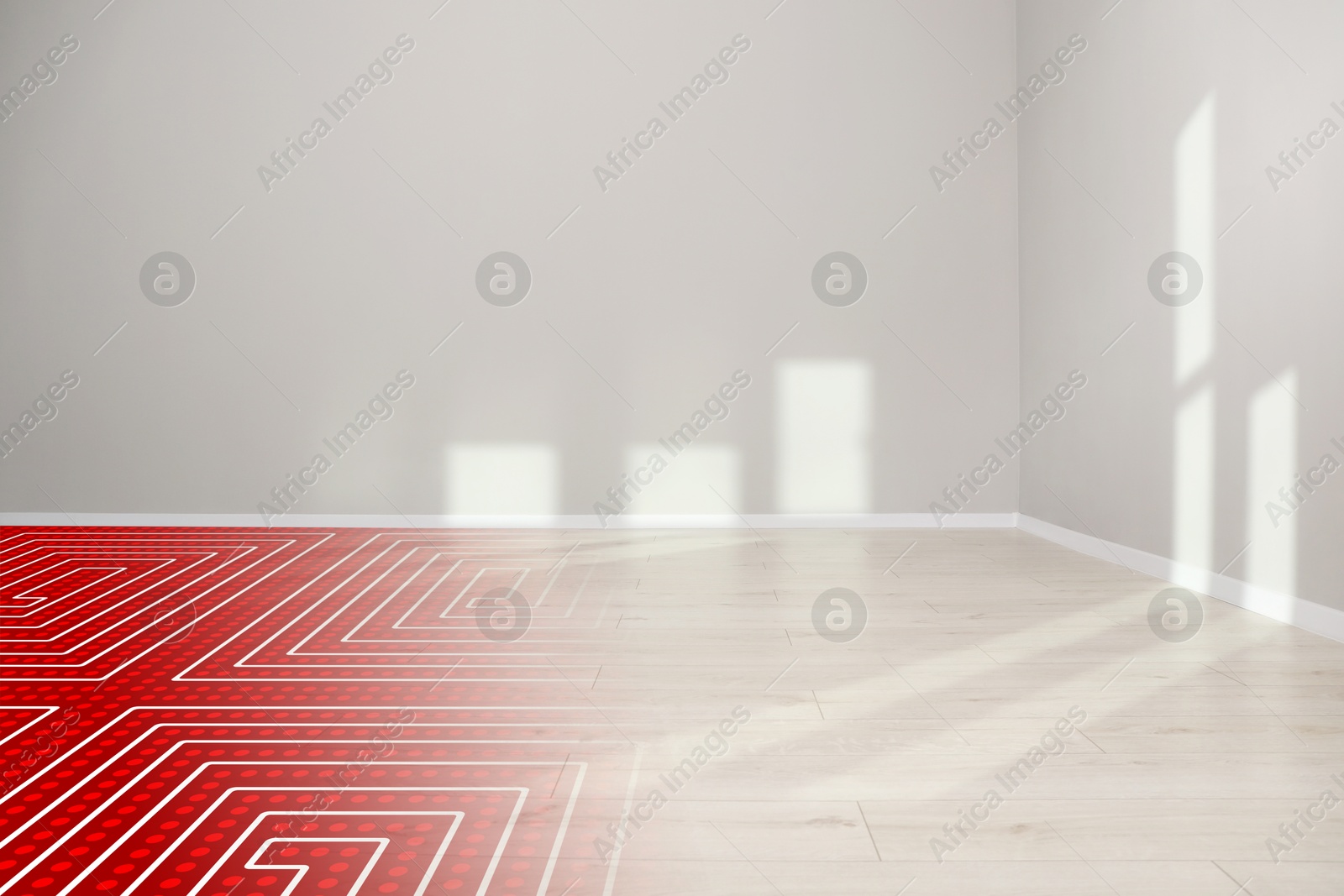 Underfloor heating system installed in room, illustration on floor Image of Underfloor heating system installed in room, illustration on floor