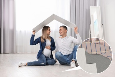 Image of Pregnant woman with her husband sitting on warm floor at home. Zoomed area showing installed underfloor heating