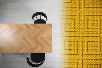 Image of Underfloor heating system double exposure with view from above of room with table and chairs