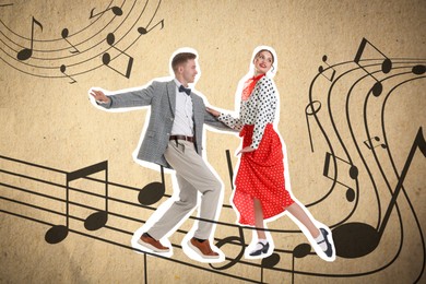 Image of Retro party poster. Couple dancing against beige background with music notes, creative collage