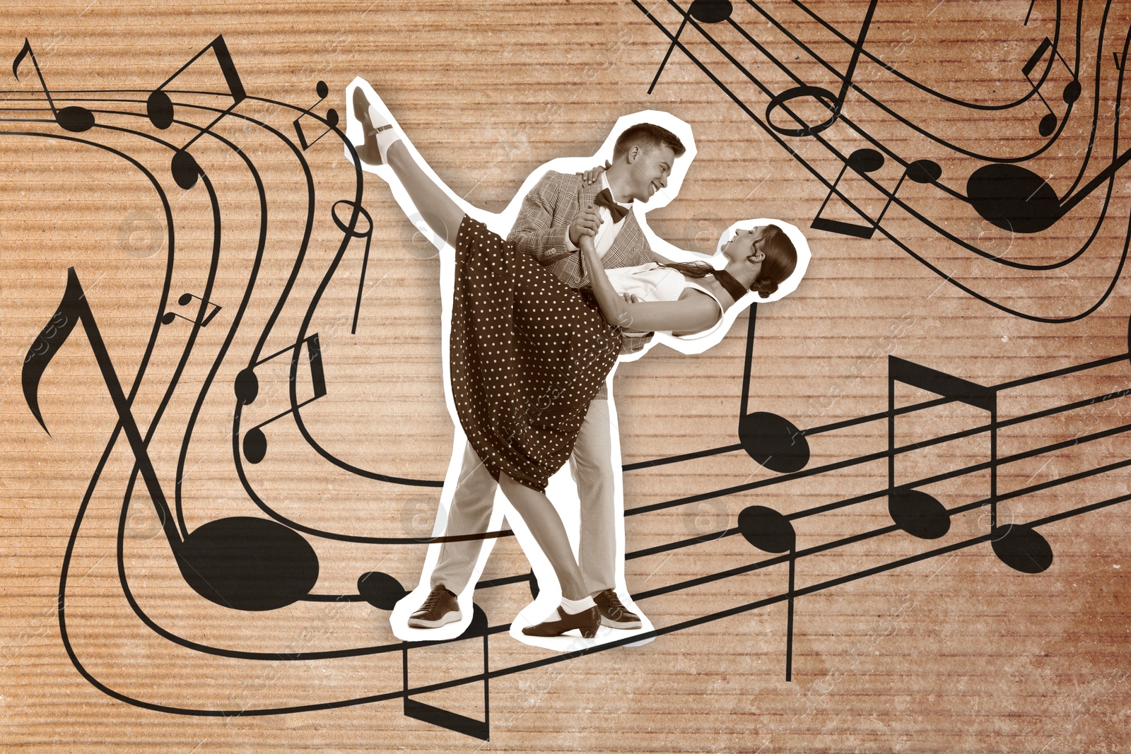 Image of Retro party poster. Couple dancing against dark beige textured background with music notes, creative collage