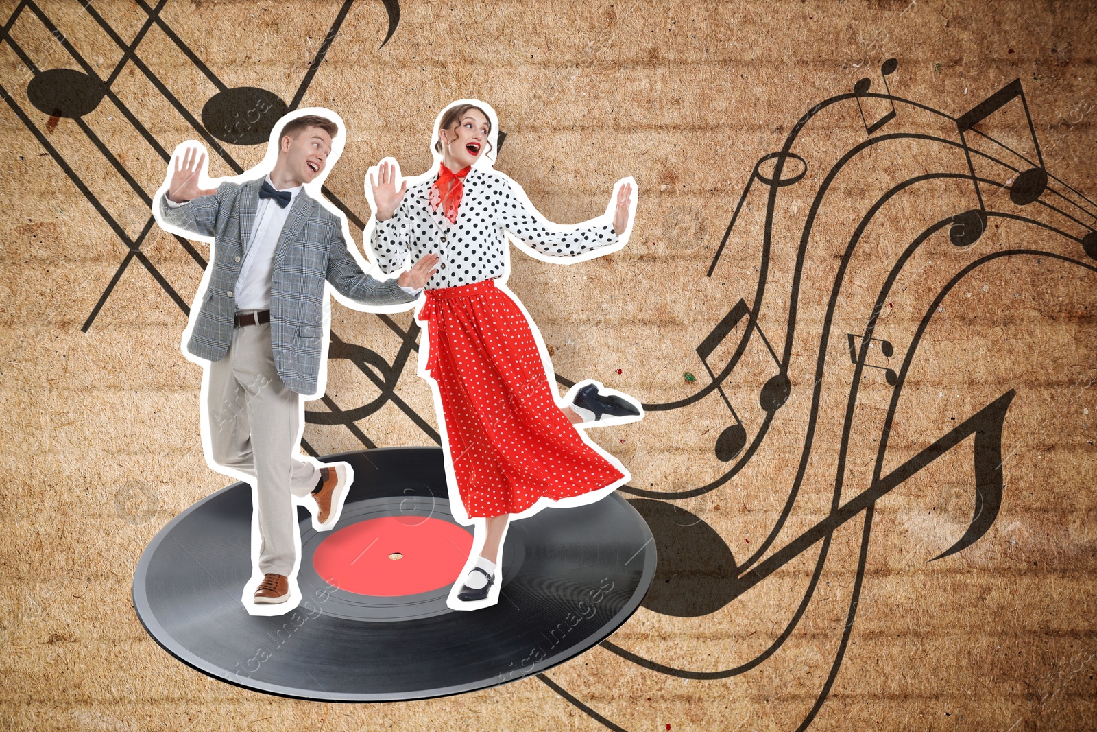 Image of Retro party poster. Couple dancing on vinyl record against dark beige textured background with music notes, creative collage