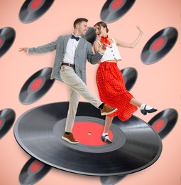 Image of Retro party poster. Creative collage with dancing couple and vinyl records against pink background