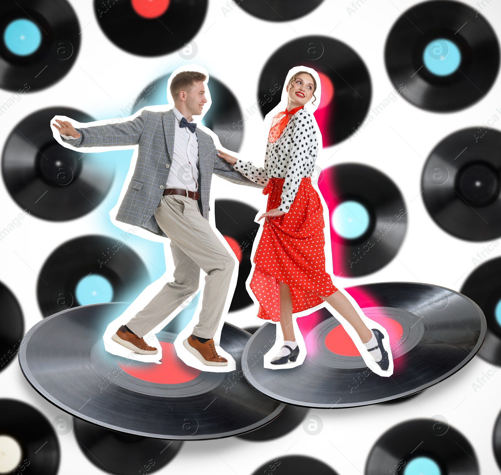 Image of Retro party poster. Creative collage with dancing couple and vinyl records against white background
