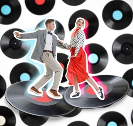 Image of Retro party poster. Creative collage with dancing couple and vinyl records against white background