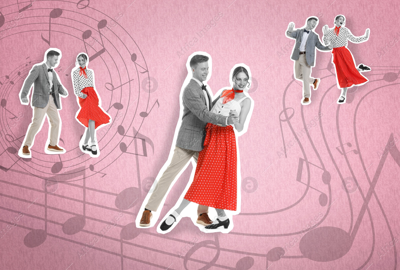 Image of Retro party poster. Couple dancing against pink background with music notes, creative collage
