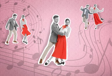 Image of Retro party poster. Couple dancing against pink background with music notes, creative collage