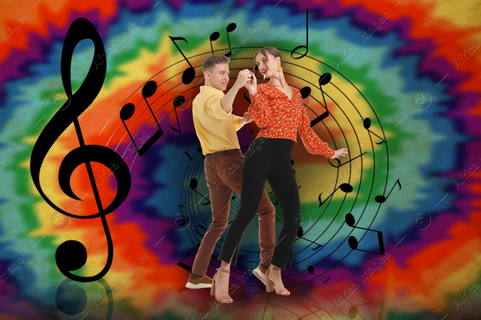 Image of Retro party poster. Couple dancing against bright background with music notes, creative collage