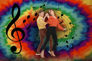 Image of Retro party poster. Couple dancing against bright background with music notes, creative collage