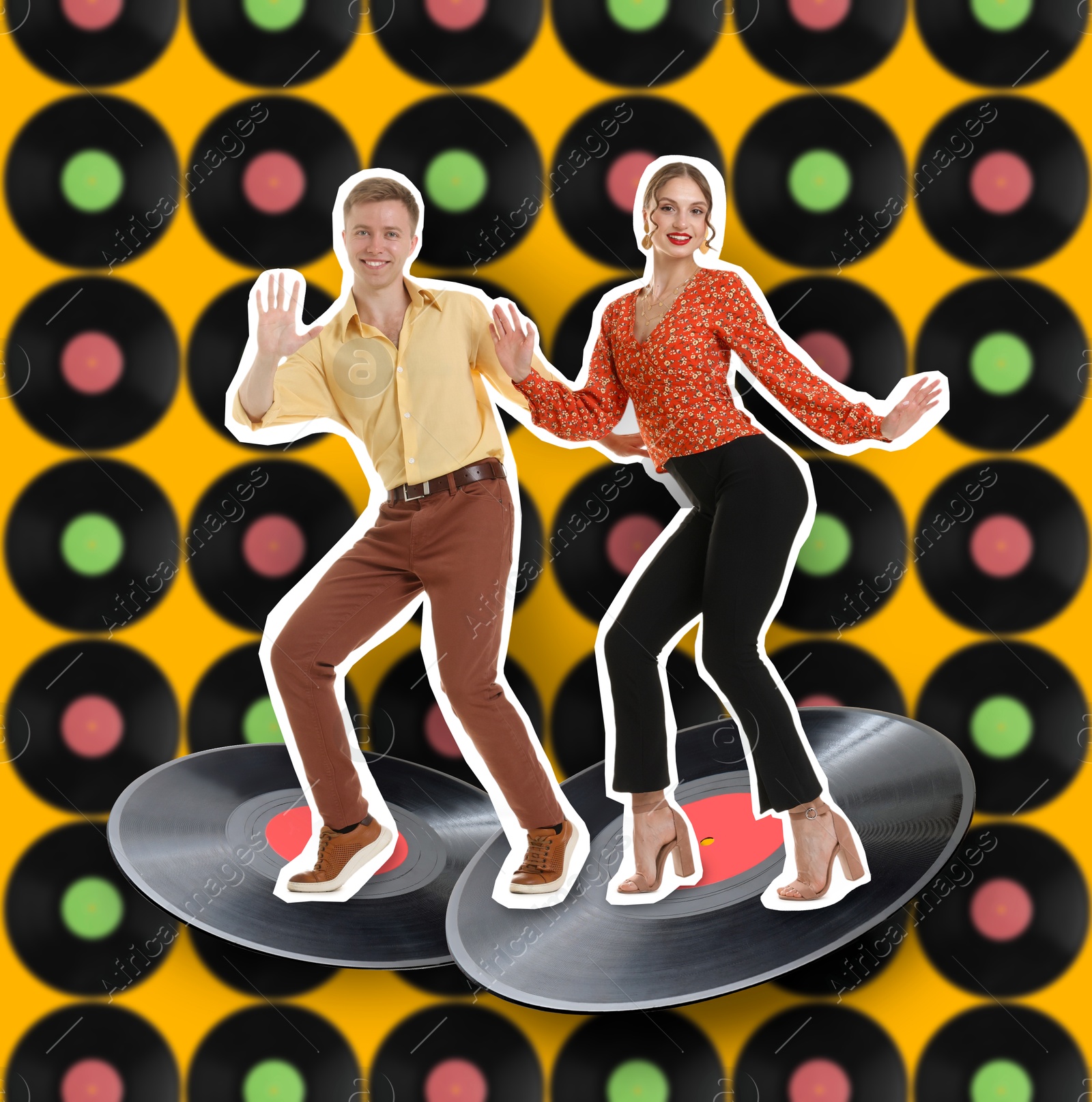 Image of Retro party poster. Creative collage with dancing couple and vinyl records against orange background