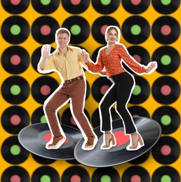 Image of Retro party poster. Creative collage with dancing couple and vinyl records against orange background