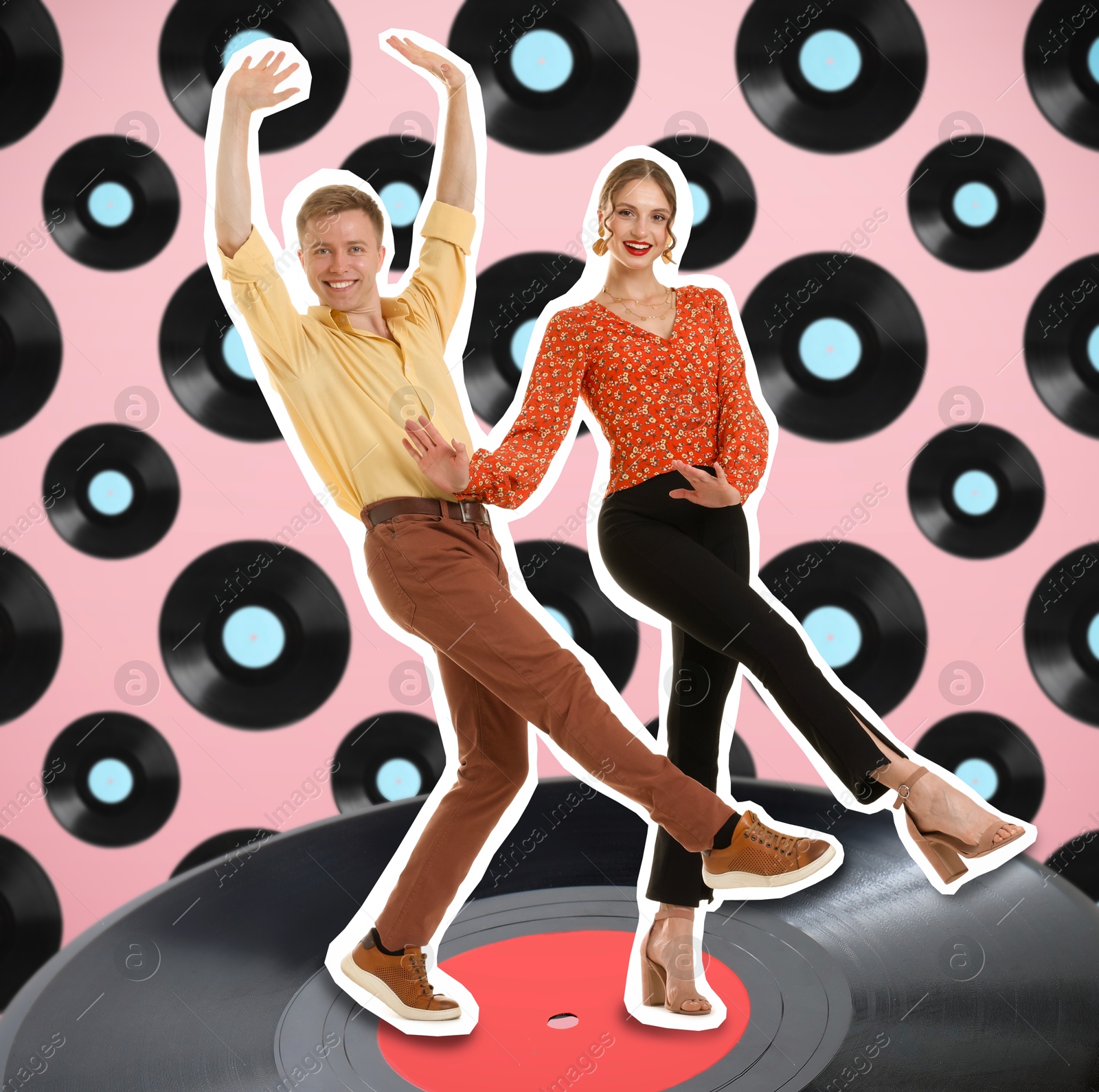 Image of Retro party poster. Creative collage with dancing couple and vinyl records against pink background