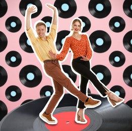 Image of Retro party poster. Creative collage with dancing couple and vinyl records against pink background